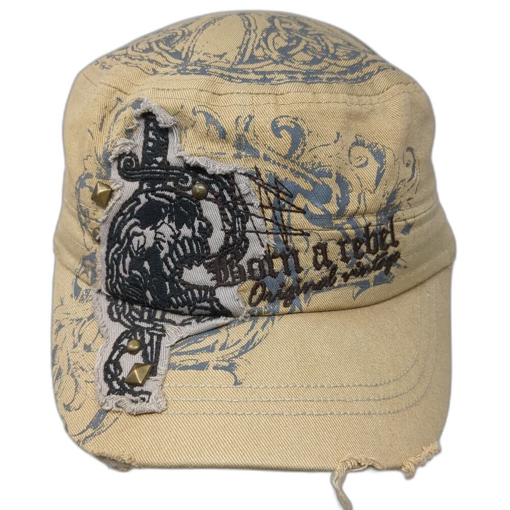 Leader Army Cap Beige One Size Skull Rebel Distressed Studded Ornate Cotton Hat